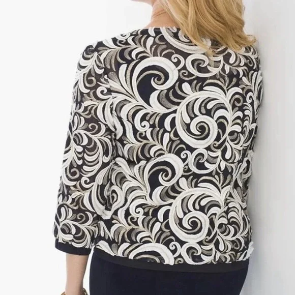 CHICO'S Travelers Scrolled Bomber Jacket Small Front Zip 3/4 Sleeve - Picture 4 of 15